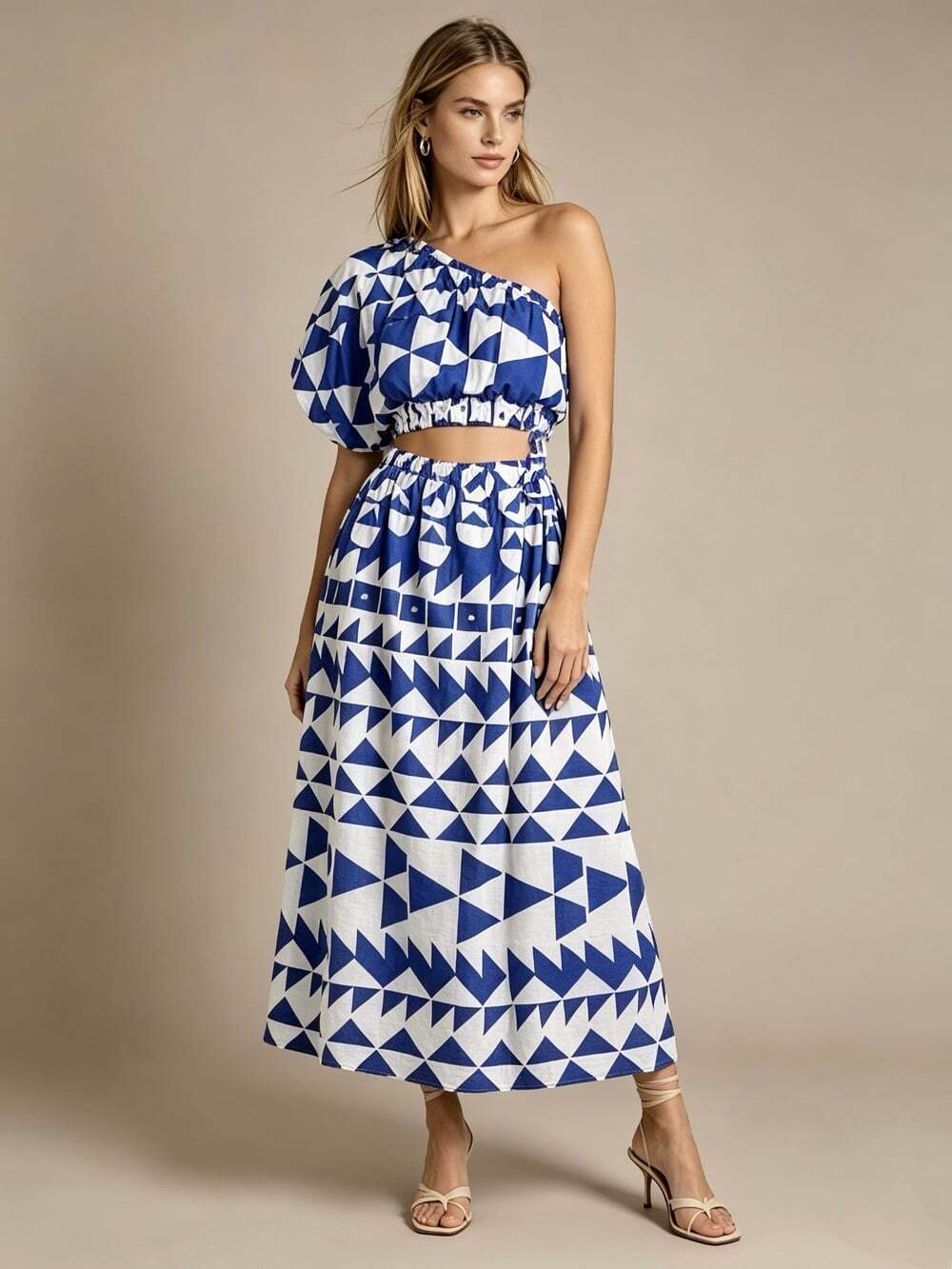NWOT Farm Rio Linen-Blend Pitta Tiles Off-White One Shoulder Maxi Dress Size S